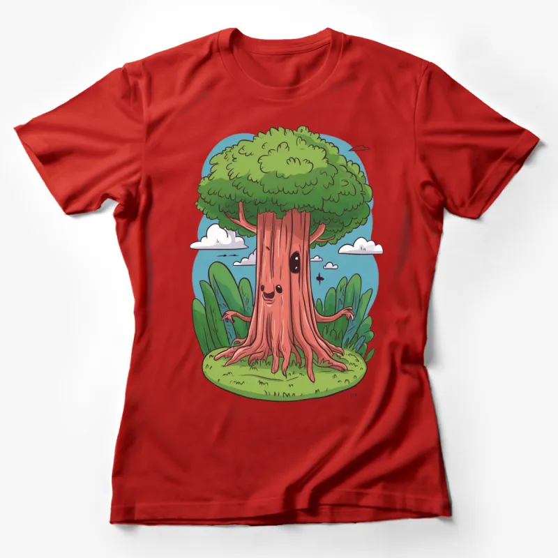 Whimsical Cartoon Tree Design T-Shirt, Fun Nature Inspired Graphic Tee, Unisex Female T-Shirt