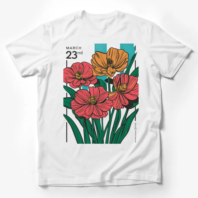 March 23rd Flower Botanical Art T-Shirt, Vintage Floral Graphic Tee, Colorful Spring Fashion Top Male T-Shirt