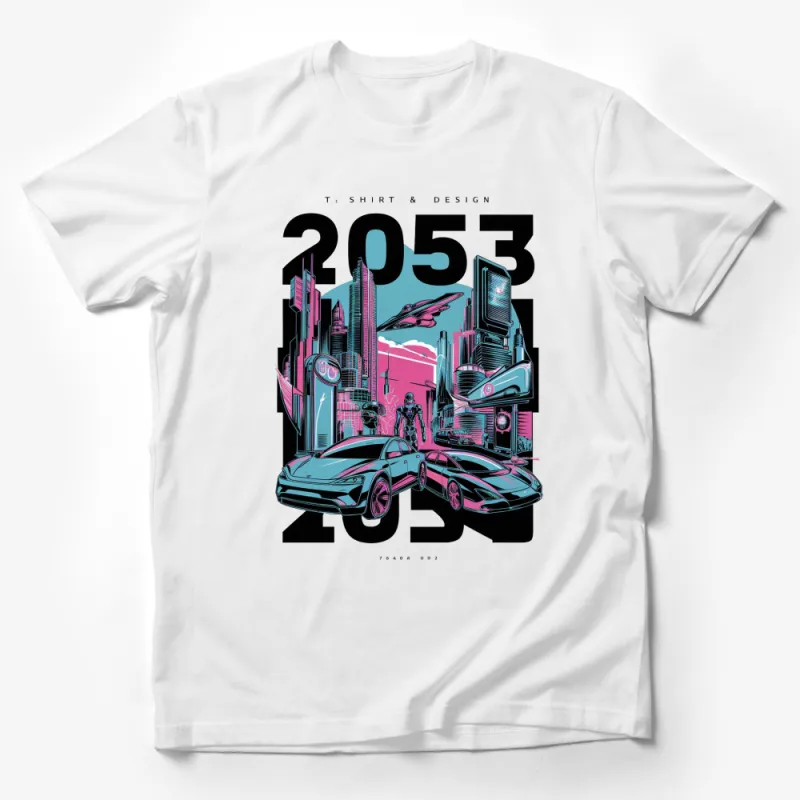 Futuristic Cityscape and Sports Car Graphic T-Shirt, Cool Cyberpunk 2053 Design Tee, Unique Sci-Fi Apparel Male T-Shirt