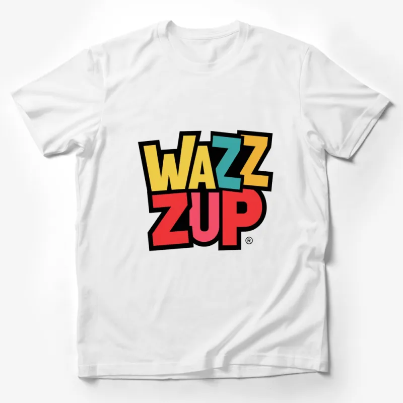 Colorful Wazzup Text Slogan T-Shirt, Trendy 90s Retro Style Graphic Tee, Casual Wear Street Style Fashion Male T-Shirt