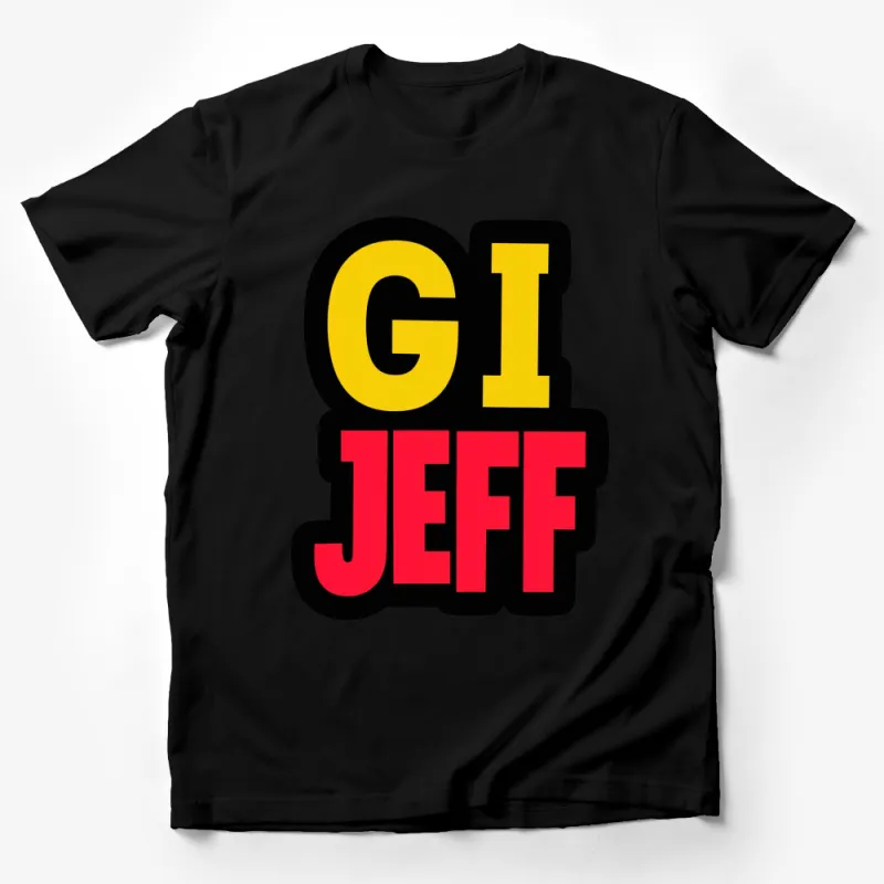 Bold GI Jeff Graphic T-Shirt, Yellow Black Red Text Design, Urban Fashion Top Male T-Shirt