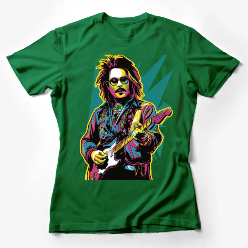 Colorful Pop Art Style Guitarist Graphic T-Shirt, Vibrant Musician Tee, Gift for Music Lovers Female T-Shirt