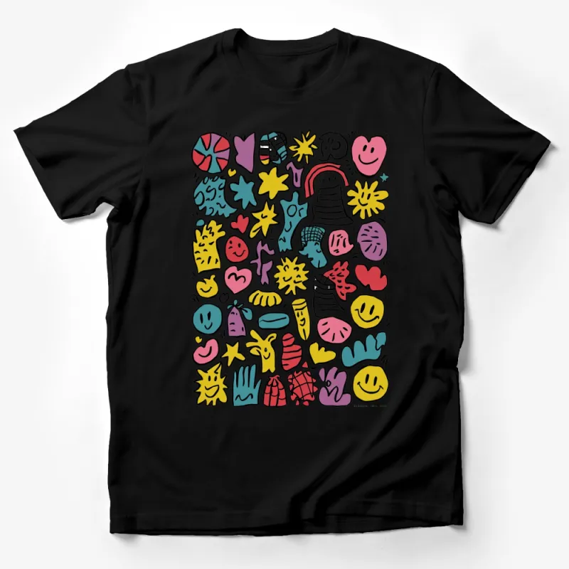 Colorful Doodle Art T-Shirt, Cute Smiley Faces and Random Shapes, Unisex Graphic Tee, Casual Wear Male T-Shirt