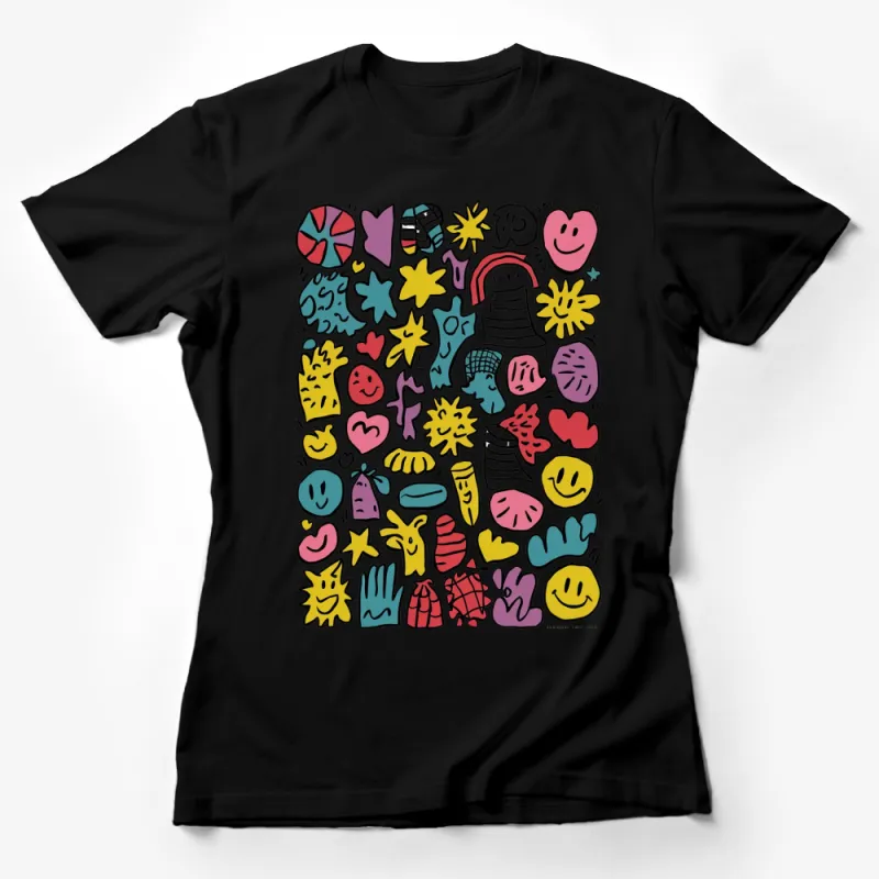 Colorful Doodle Art T-Shirt, Cute Smiley Faces and Random Shapes, Unisex Graphic Tee, Casual Wear Female T-Shirt