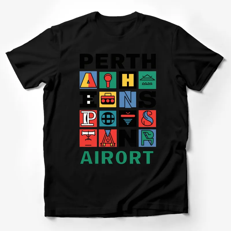 Perth Signs Graphic T-Shirt, Colorful Vintage Airport Inspired Design Tee Male T-Shirt