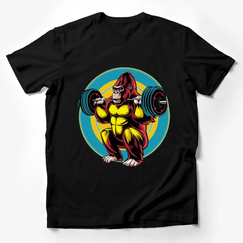 Colorful Gorilla Lifting Weights Graphic T-Shirt, Gym Workout Shirt, Animal Powerlifting Tee, Unisex Fitness Apparel Male T-Shirt