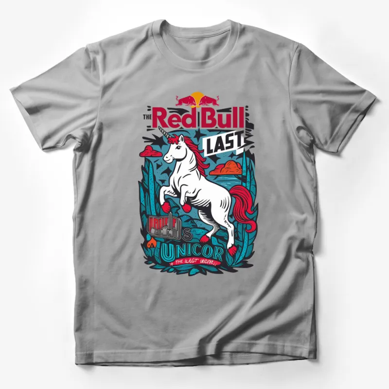 Red Bull Last Unicorn T-Shirt, Mythical Creature, Unique Graphic Tee, Bold Colors, Pop Culture Apparel Male T-Shirt