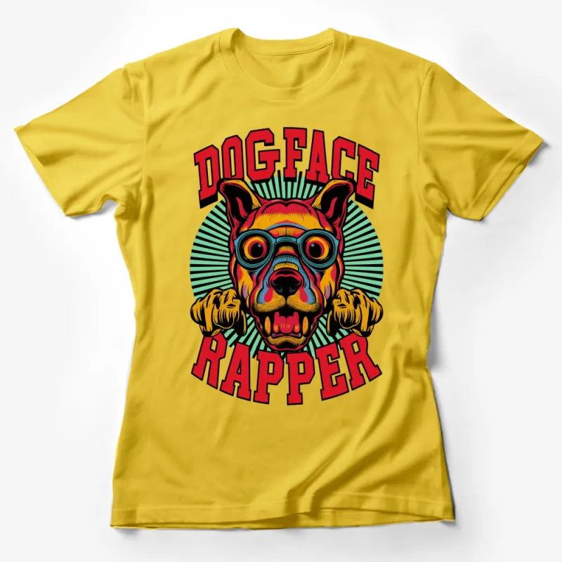 Colorful Dog Face Rapper Graphic T-Shirt, Hip Hop Inspired, Vibrant Pop Art, Unisex Apparel Female T-Shirt