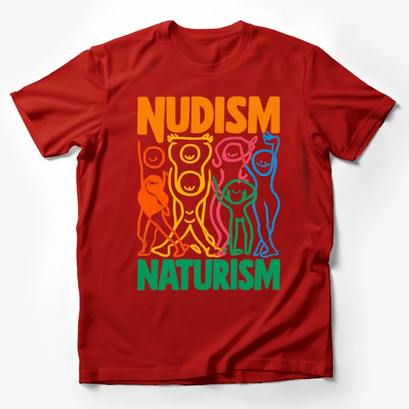 Colorful Nudism Naturism Graphic T-Shirt, Fun Rainbow Nude Figure Art Tee, Bold Statement Casual Wear Male T-Shirt