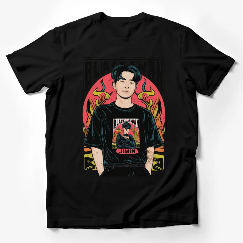 Black Swan Jimin Inspired Graphic T-Shirt, Bold Pop Art Design, Flames and Swan, Unique Unisex Tee Male T-Shirt