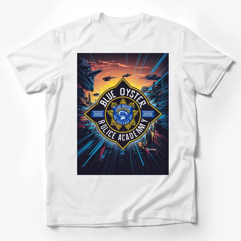 Retro Blue Oyster Police Academy T-Shirt, Vintage Cyberpunk City Graphic Tee, Unisex Fashion Male T-Shirt