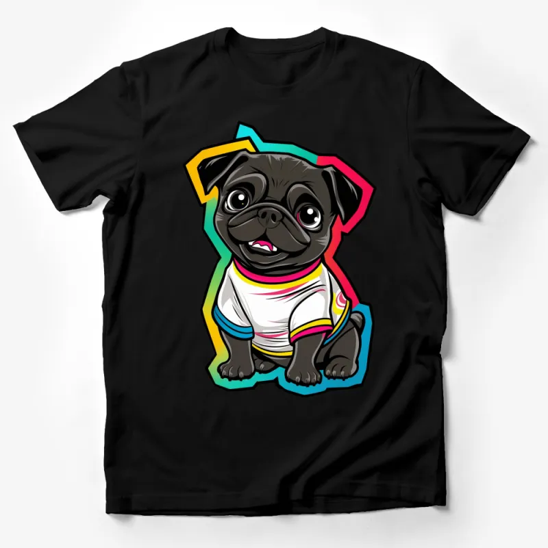 Cute Pug Puppy in Colorful Outfit T-Shirt, Funny Dog Lover Tee, Pet Graphic Style Shirt for All Ages Male T-Shirt