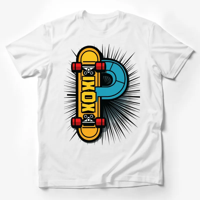 Retro Skateboard T-Shirt, Bold Pop Art Style, Colorful Skater Tee, Unisex Fashion Top Male T-Shirt