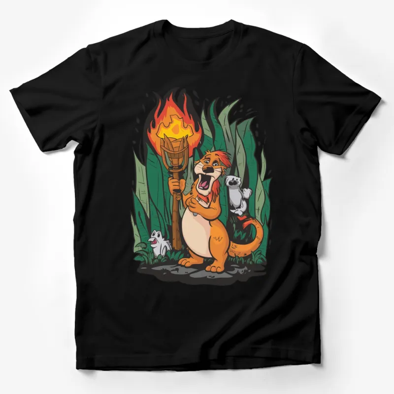 Jungle Lion and Friends Torch Adventure Graphic T-Shirt, Fun Animal Cartoon Illustration Tee for All Ages Male T-Shirt