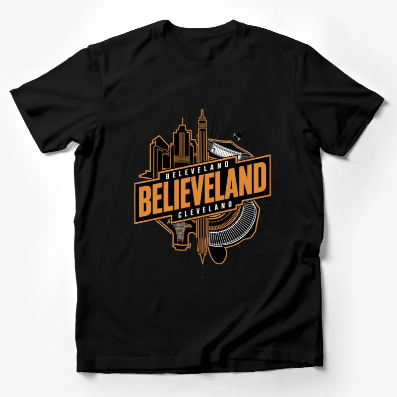 Cleveland Believeland Graphic T-Shirt, Vintage City Skyline Design Tee, Ohio Sports Fan Gift Male T-Shirt