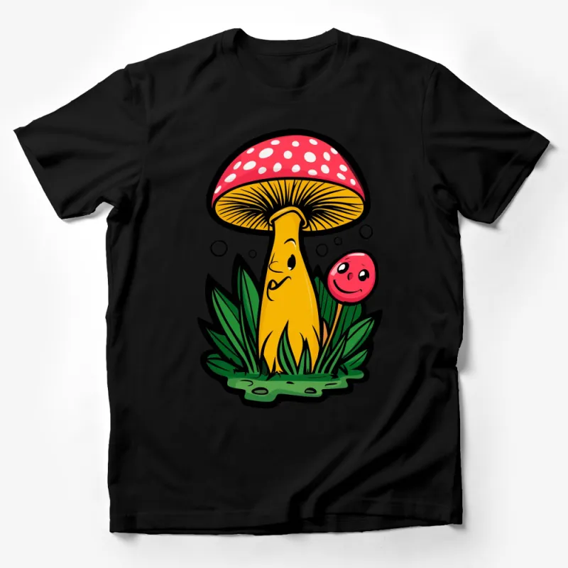 Cute Mushroom and Smiley Bubble Graphic T-Shirt, Whimsical Nature Tee, Fun Forest Apparel Male T-Shirt