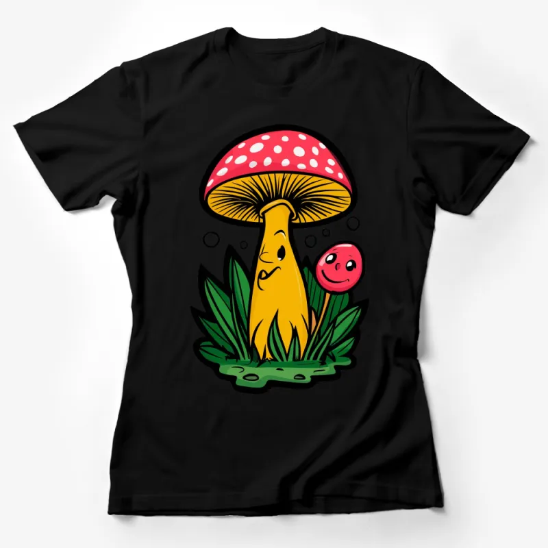 Cute Mushroom and Smiley Bubble Graphic T-Shirt, Whimsical Nature Tee, Fun Forest Apparel Female T-Shirt