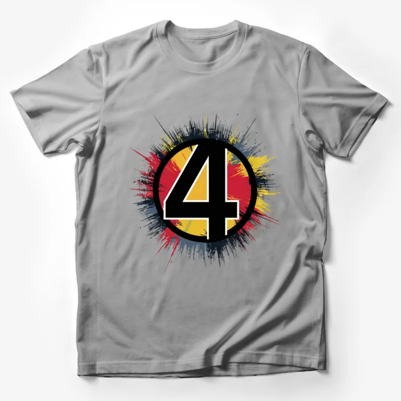 Abstract Number 4 Grunge Style T-Shirt, Bold Graphic Tee, Artistic Splatter Design Male T-Shirt