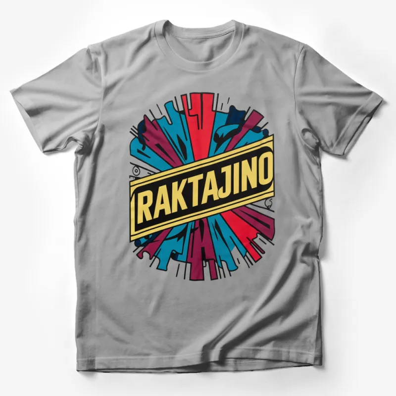 Bold RaktaJino Logo T-Shirt, Colorful Starburst Design, Sci-Fi Inspired Fashion, Unisex Tee Male T-Shirt