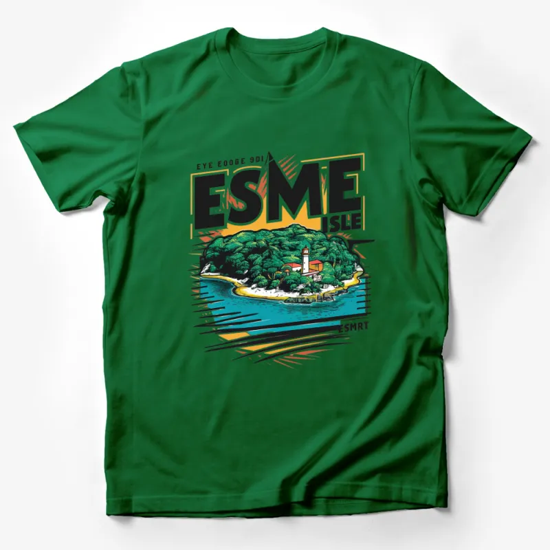 Esme Isle Graphic T-Shirt, Retro Lighthouse and Tropical Island Design, Unisex Casual Tee Male T-Shirt