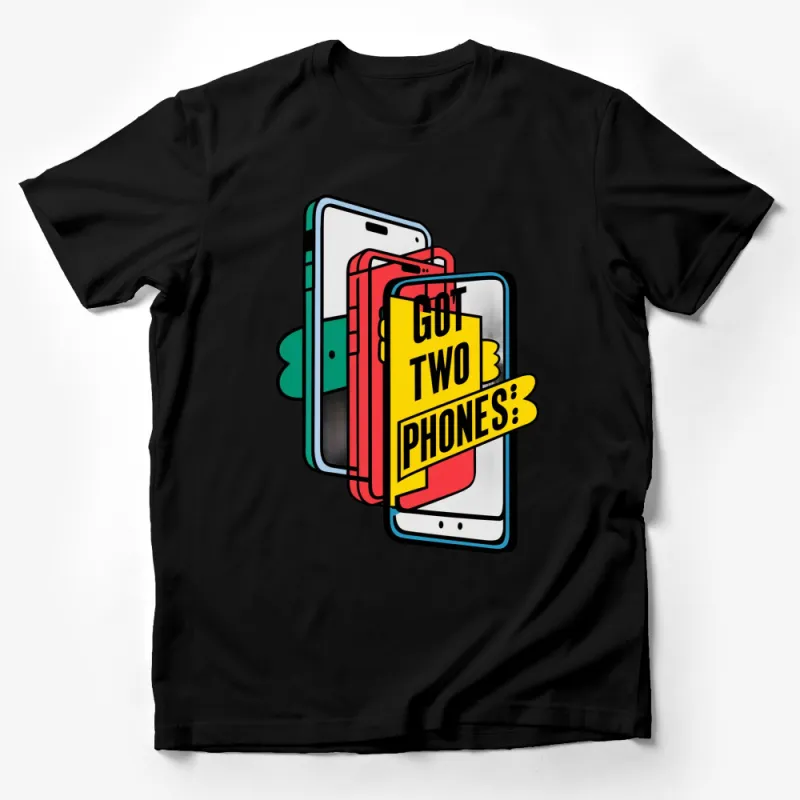 Colorful Retro Phones Graphic T-Shirt, Got Two Phones Pop Art Style Tee, Unique Gift Idea Male T-Shirt