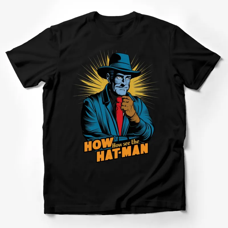 Retro Hat Man T-Shirt, Vintage Comic Style Graphic Tee, Bold Colors Statement Shirt, Unique Fashion Apparel Male T-Shirt