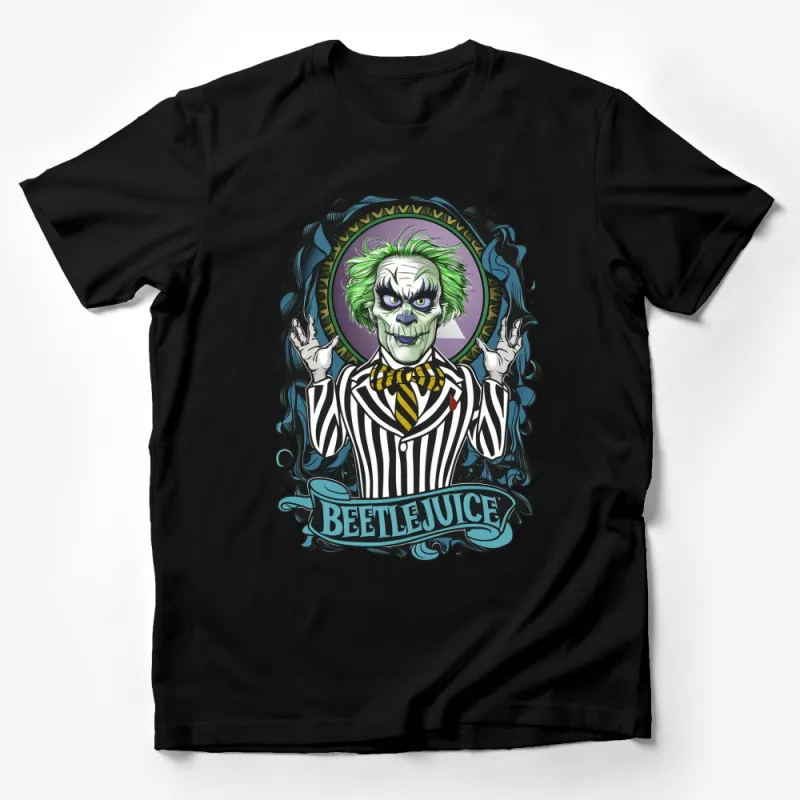 Beetlejuice Graphic T-Shirt, Classic Horror Film Character, Green Hair, Striped Suit Design Tee Male T-Shirt