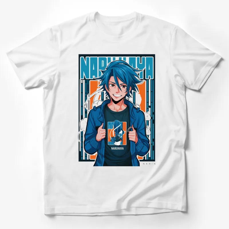 Anime Style Blue Haired Boy Graphic T-Shirt, Cool Manga Character Tee, Unique Illustration Shirt Male T-Shirt