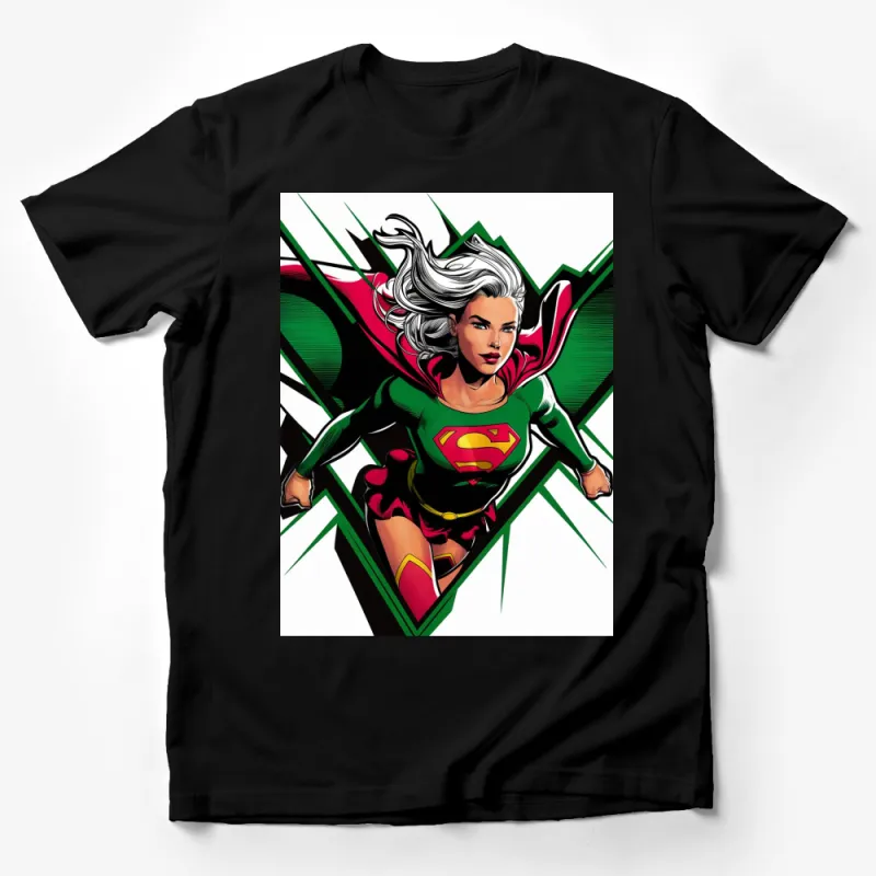 Superhero T-Shirt, Female Superhero in Green and Red, Bold Comic Book Style Tee, Unique Graphic Shirt, Gift for Comic Fans Male T-Shirt