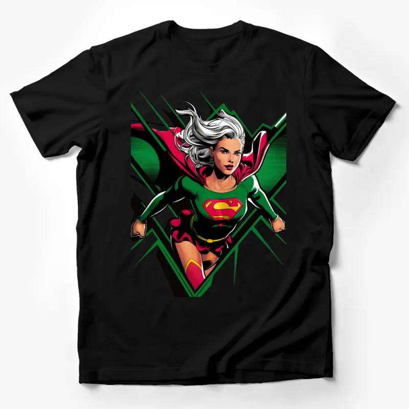 Superhero Inspired Graphic T-Shirt, Comic Book Style, Bold Superwoman Art, Vibrant Green Colors Male T-Shirt