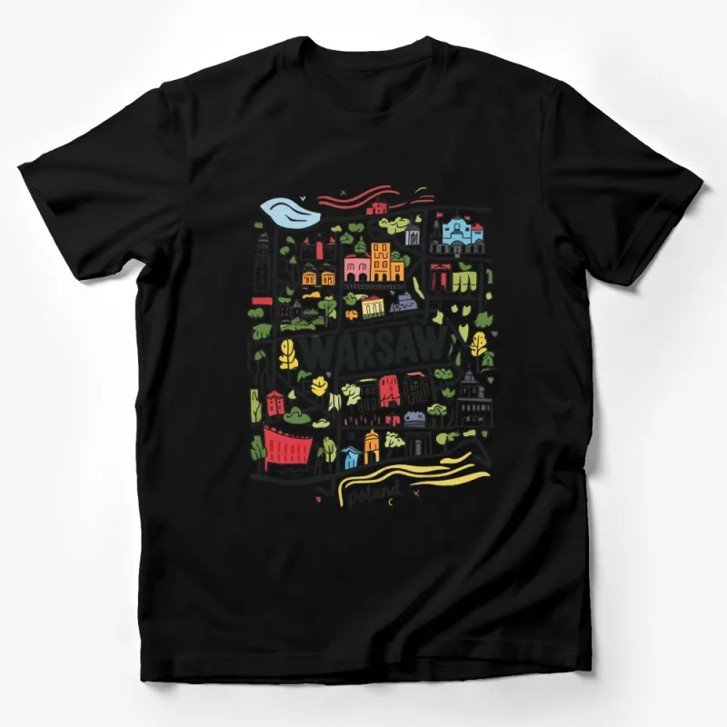 Warsaw Poland Cityscape Art T-Shirt, Colorful Travel Souvenir, Stylish Graphic Tee, Urban Sketch Style, Unique Casual Wear Male T-Shirt