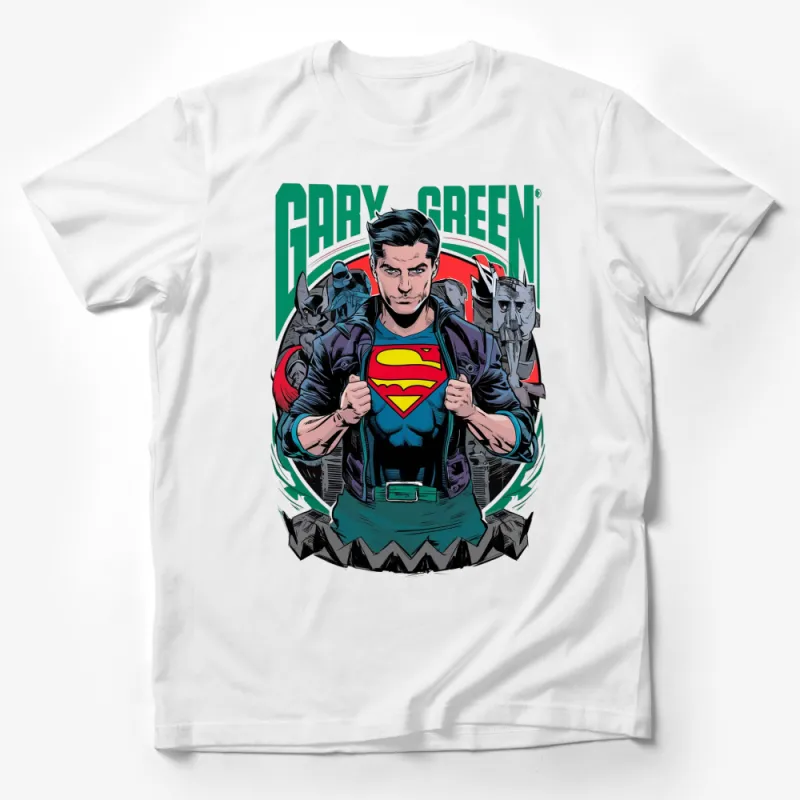 Gary Green Superhero Comic Style T-Shirt, Bold Graphic Superman Inspired Tee, Unique Men's Fashion Top Male T-Shirt