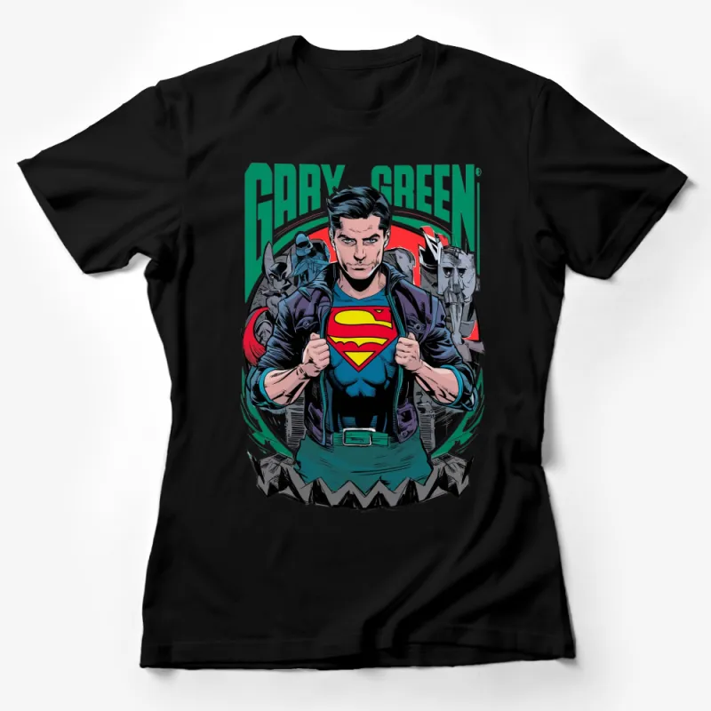 Gary Green Superhero Comic Style T-Shirt, Bold Graphic Superman Inspired Tee, Unique Men's Fashion Top Female T-Shirt