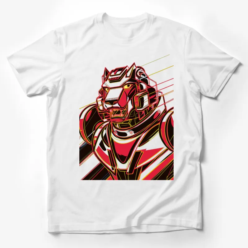 Retro Robot Lion Graphic Tee, Bold Red and Black T-Shirt, Unisex Pop Culture Shirt, Vintage-Inspired Robot Design Tee Male T-Shirt