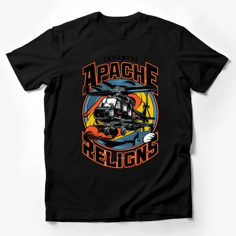 Vintage Apache Helicopter T-Shirt, Japanese Religions Graphic Tee, Military Aviation Apparel Male T-Shirt