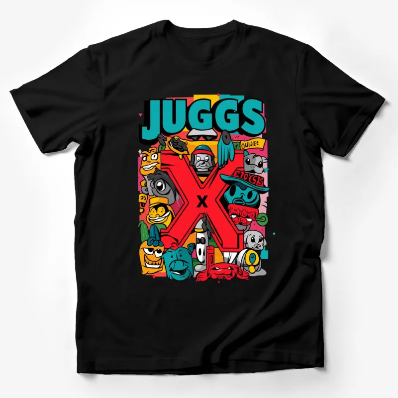 Colorful Cartoon Characters T-Shirt, Bold JUGGS Lettering, Unique Graphic Tee Male T-Shirt