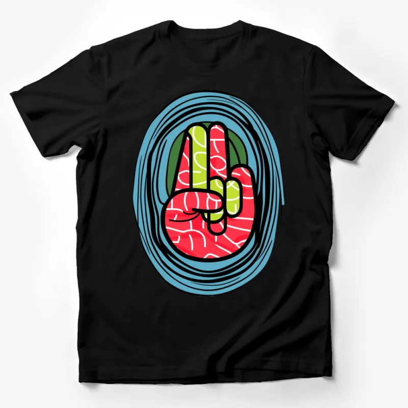 Abstract Peace Sign Hand Graphic T-Shirt, Colorful Pop Art Style Tee, Unique Fashion Statement Shirt Male T-Shirt