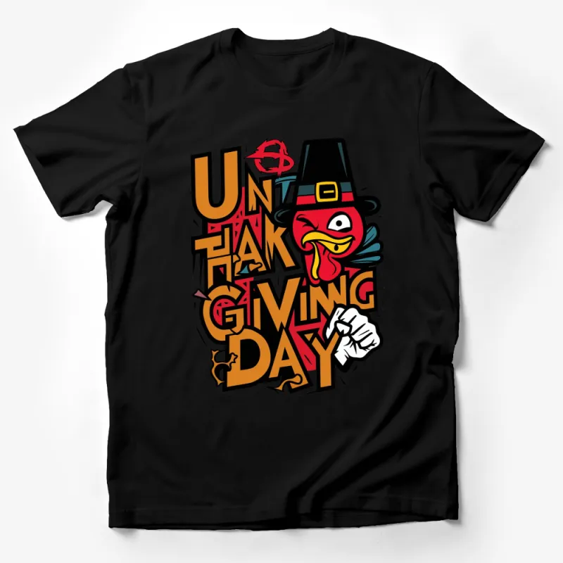 Unthanksgiving Day Funny Turkey in Hat Graphic T-Shirt, Colorful Cartoon Turkey Tee, Holiday Humor Apparel Male T-Shirt