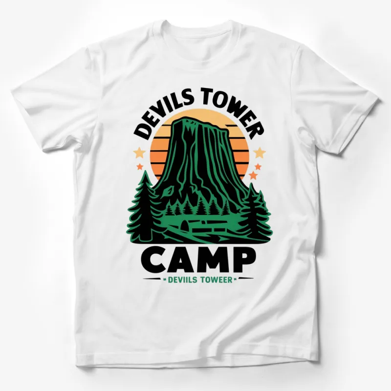 Devils Tower Camp Retro Sunset Graphic T-Shirt, Vintage Outdoors Nature Lover Tee, Unisex Male T-Shirt