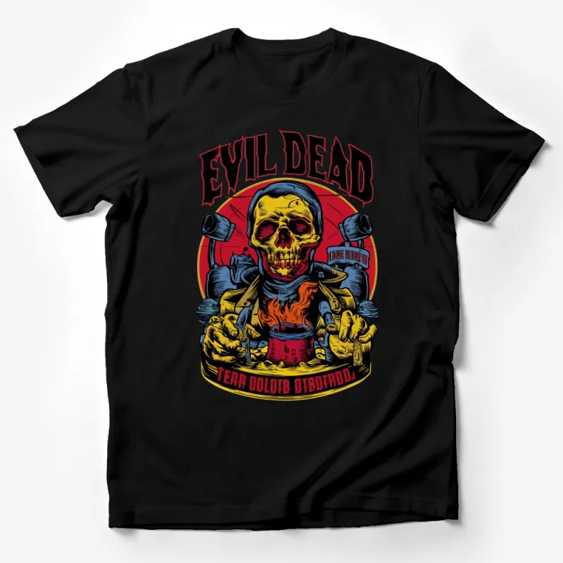 Evil Dead Inspired T-Shirt, Horror Movie Graphic Tee, Vintage Style Skull and Flames Design Male T-Shirt