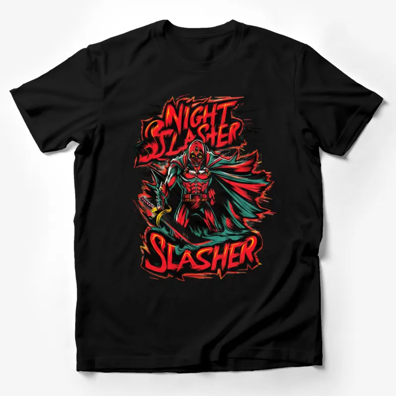 Night Slasher Red and Black Horror Graphic T-Shirt, Bold Comic Style Design, Unisex Tee Male T-Shirt