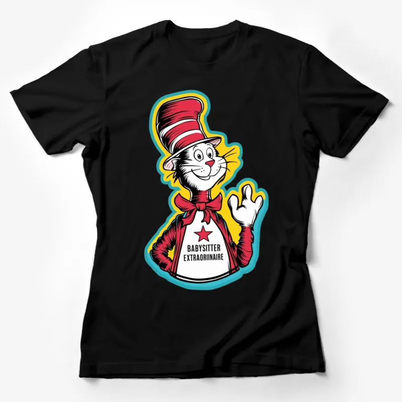 Whimsical Cat Babysitter Extraordinaire Red Hat Cartoon T-Shirt, Unisex Tee for All Ages Female T-Shirt