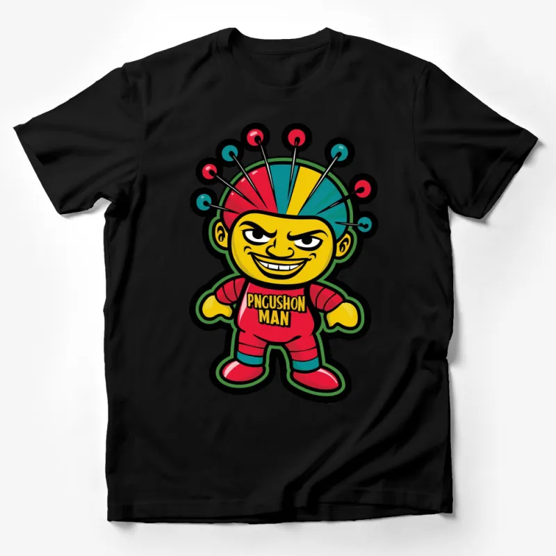 Colorful Pincushion Man Cartoon Graphic T-Shirt, Funky and Bold Unisex Tee, Perfect for Casual Wear Male T-Shirt