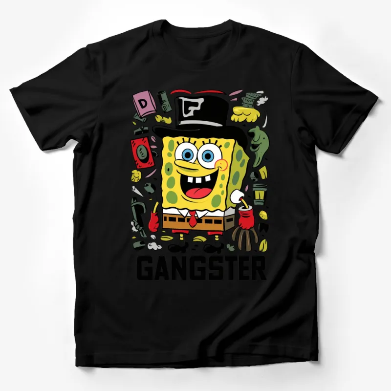 Colorful Sponge Cartoon Character Gangster Themed T-Shirt, Fun and Whimsical Apparel Male T-Shirt