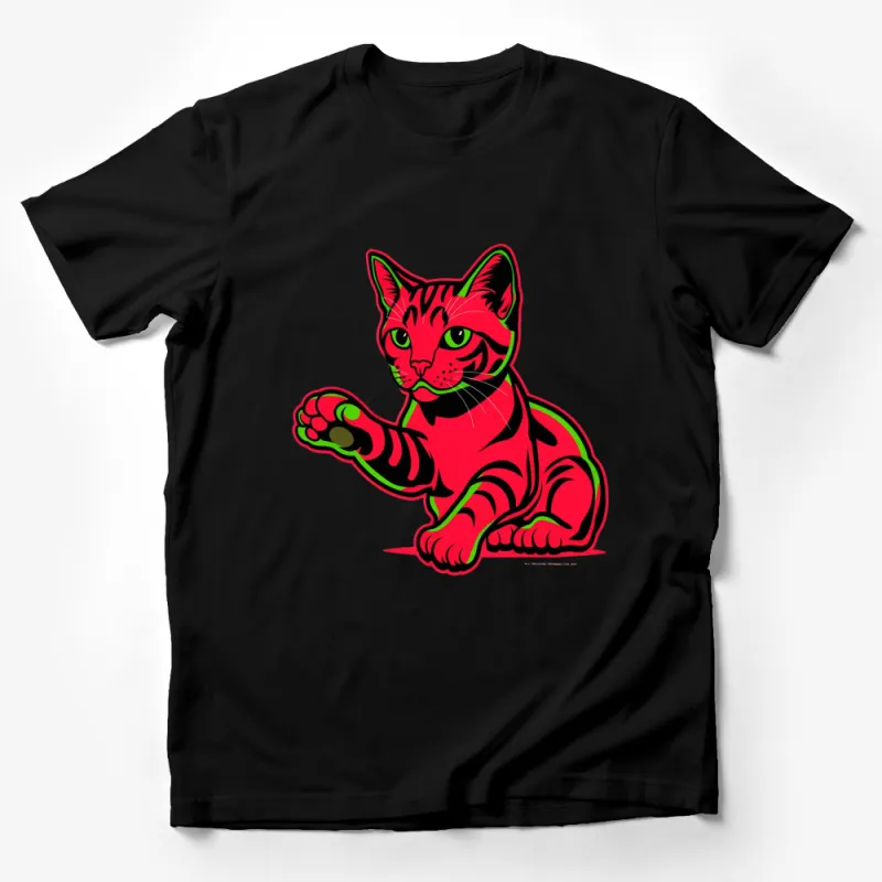 Bright Red and Green Cat Graphic T-Shirt, Unisex Vibrant Shirt Design, Colorful Kitten Tee for All Ages Male T-Shirt