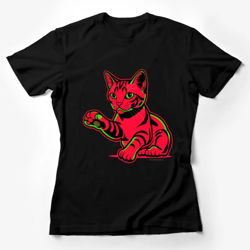 Bright Red and Green Cat Graphic T-Shirt, Unisex Vibrant Shirt Design, Colorful Kitten Tee for All Ages Female T-Shirt