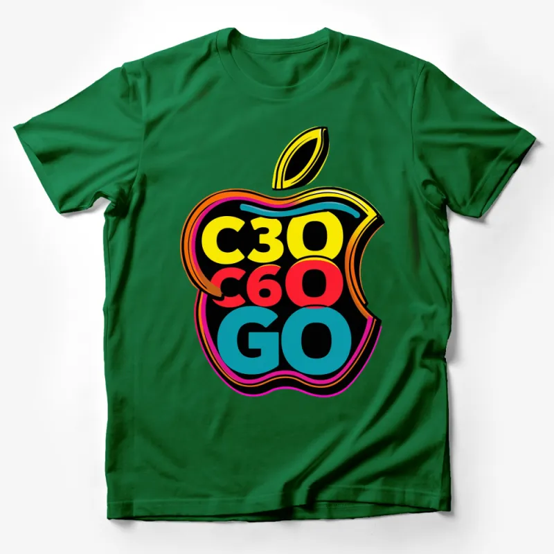 Colorful Retro Apple Graphic T-Shirt, Vintage Pop Art Style Tee, Bold Funky Casual Wear Male T-Shirt