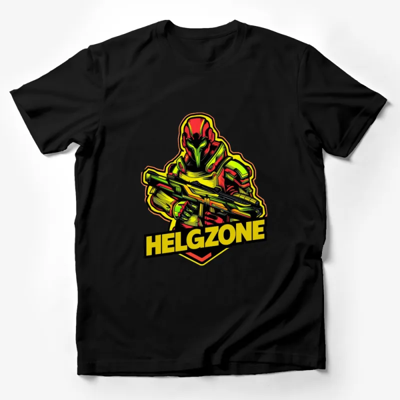 Futuristic Soldier Graphic T-Shirt, Bold Helgzone Text, Sci-Fi Warrior Design, Vibrant Colors Male T-Shirt