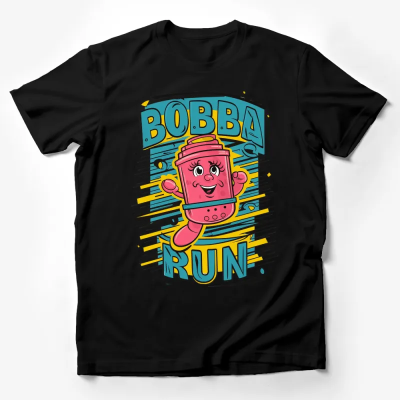 Bobba Run Graphic T-Shirt, Colorful Cartoon Bubble Tea Design, Fun and Vibrant Casual Wear Male T-Shirt