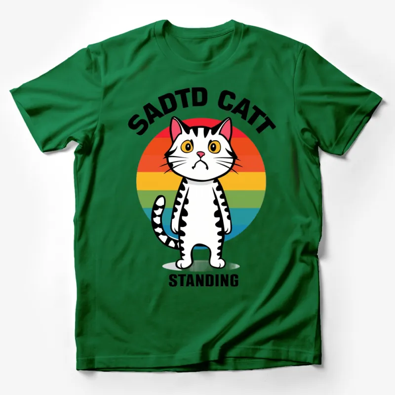 Sad Cat Graphic Tee, Colorful Rainbow Circle Background, Unisex T-Shirt, Funny Cartoon Cat Shirt, Casual Wear Male T-Shirt